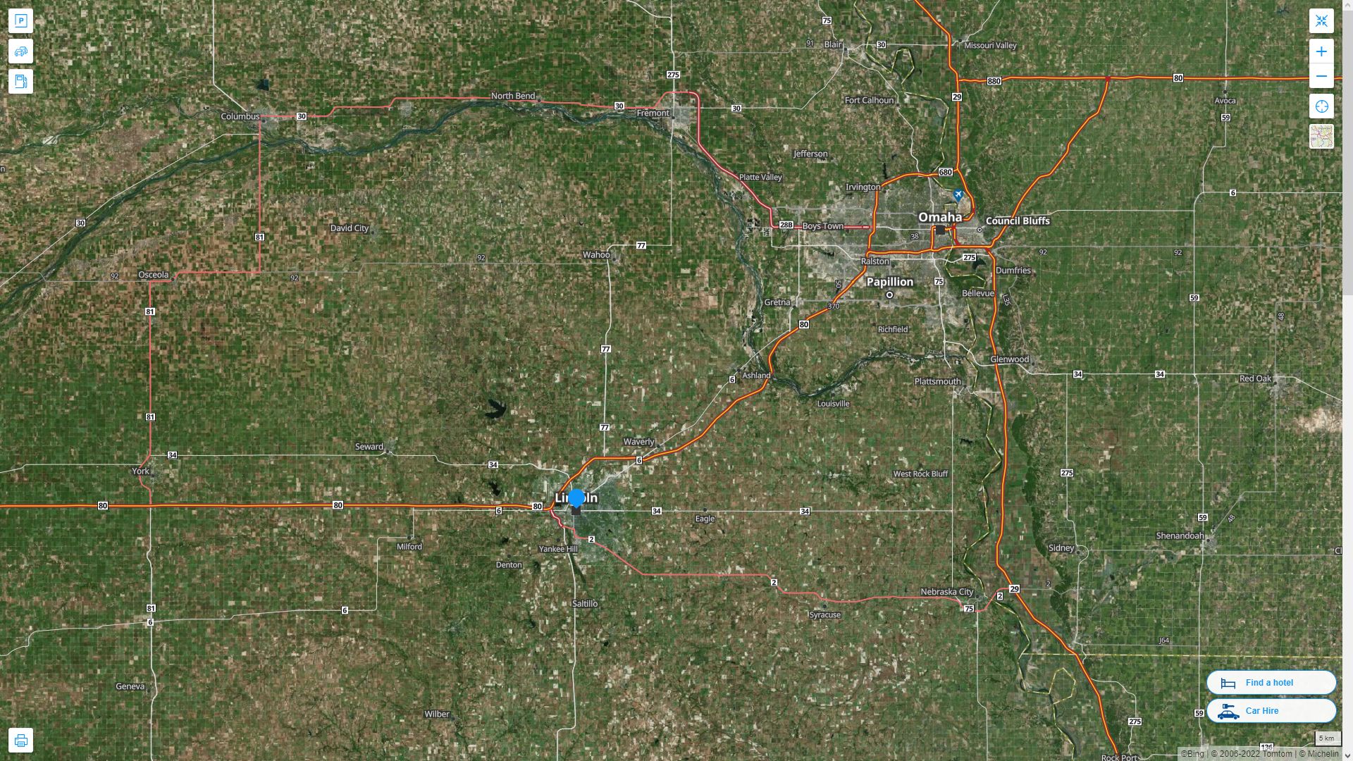 Lincoln Nebraska Highway and Road Map with Satellite View